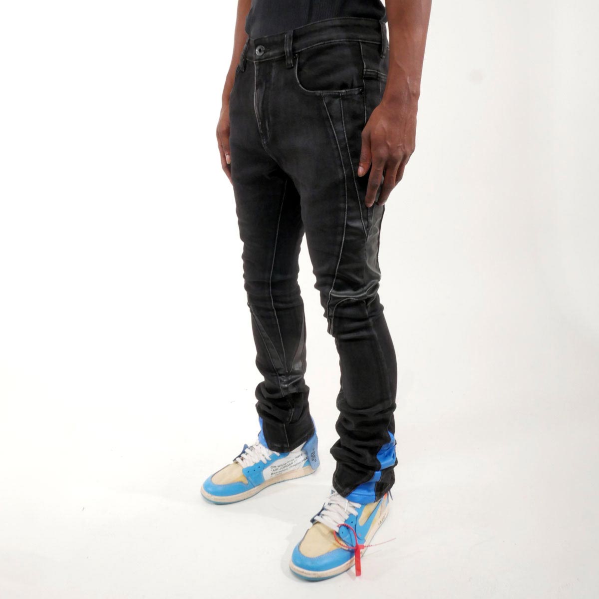 Stack denim w/ leather cut & sew details