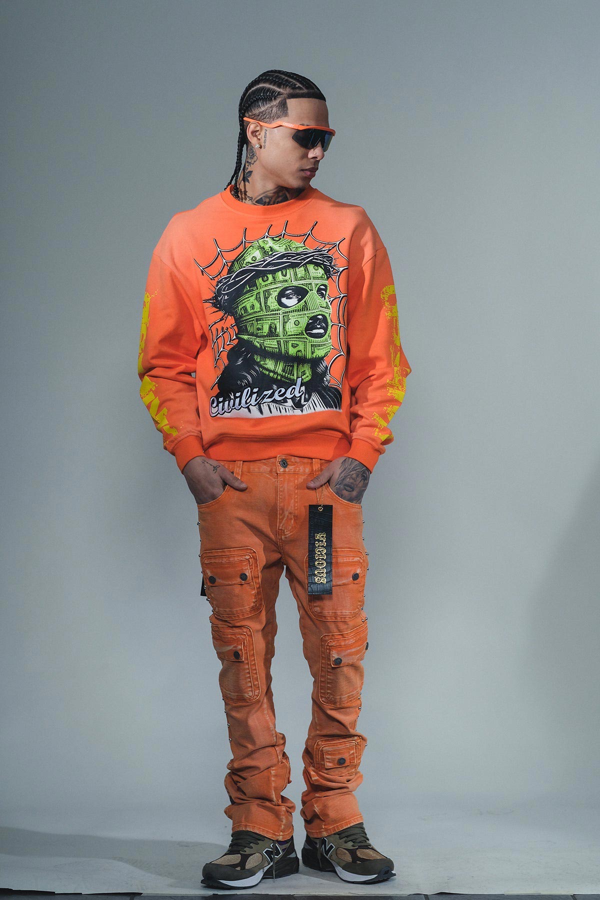 Studded warrior cargo flare fit denim pant