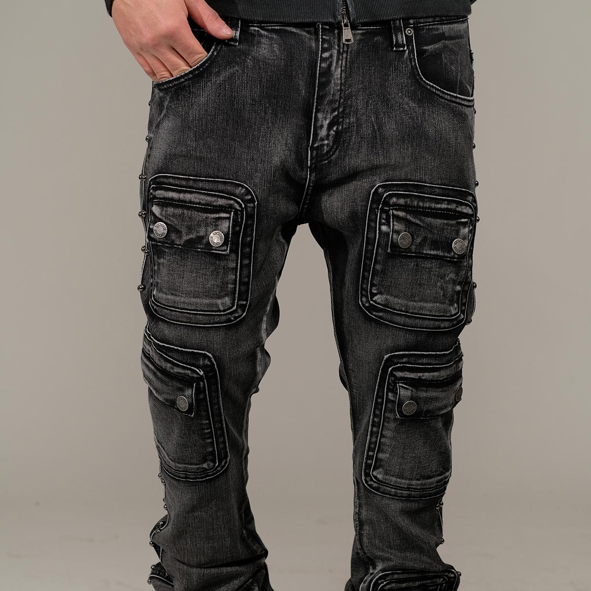 Studded warrior cargo flare fit denim pant
