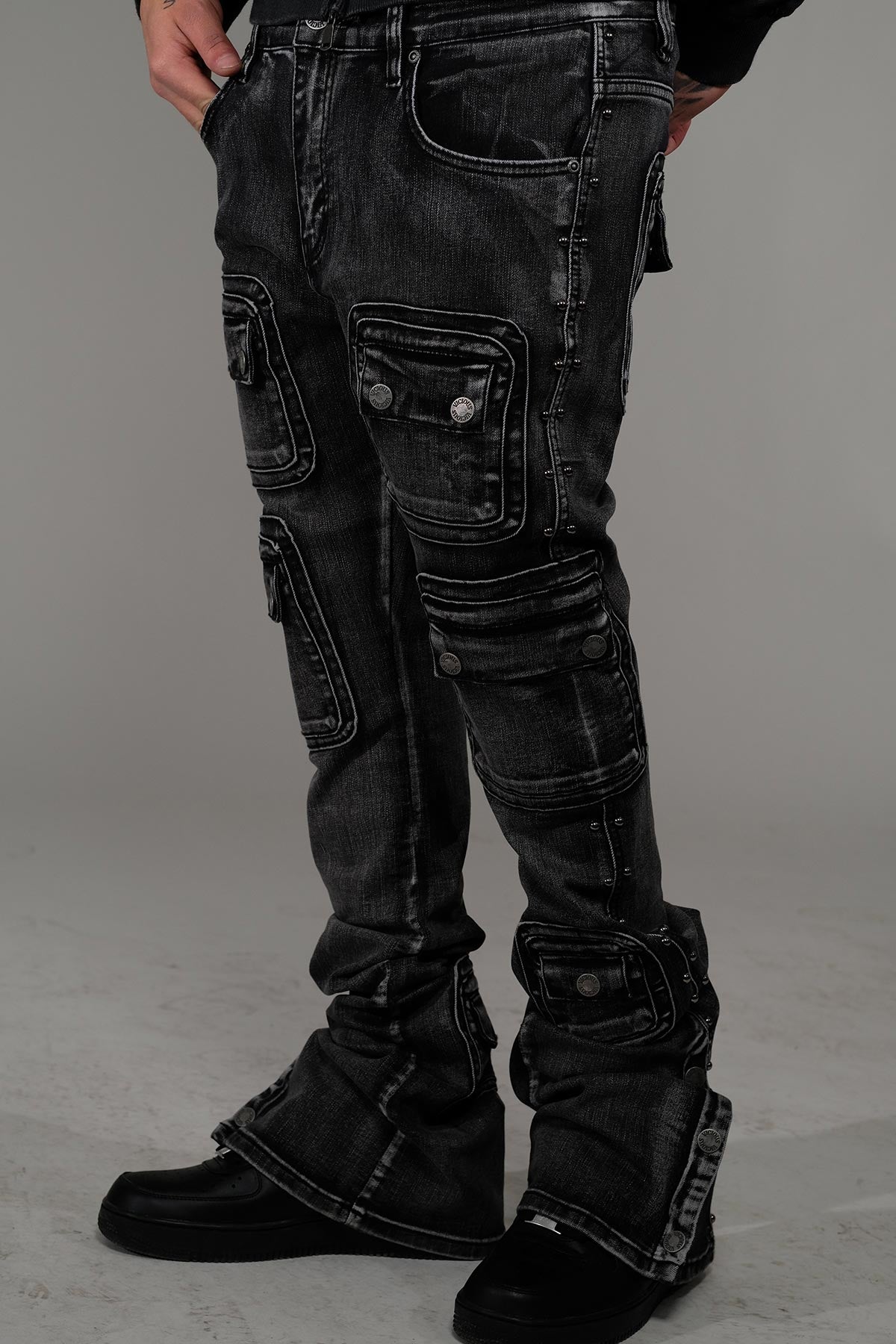 Studded warrior cargo flare fit denim pant