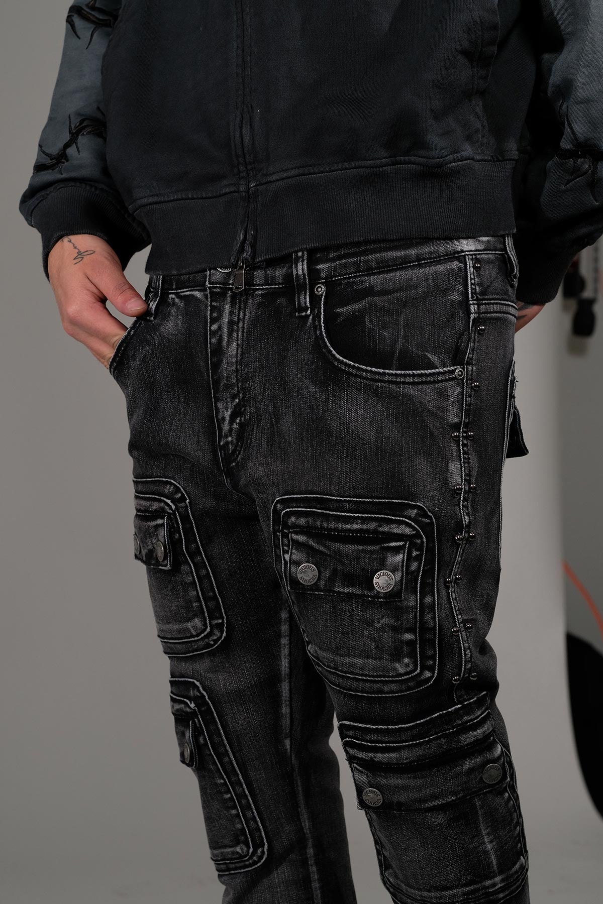 Studded warrior cargo flare fit denim pant