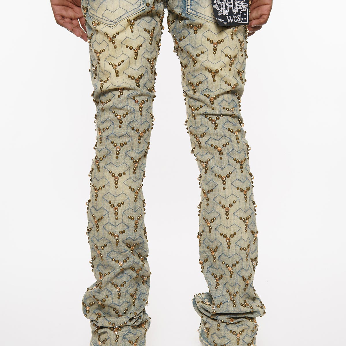 Embellished stone flare denim pants