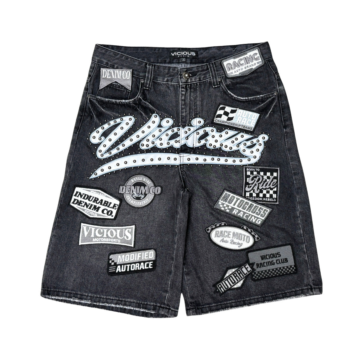 Pit crew patch denim shorts