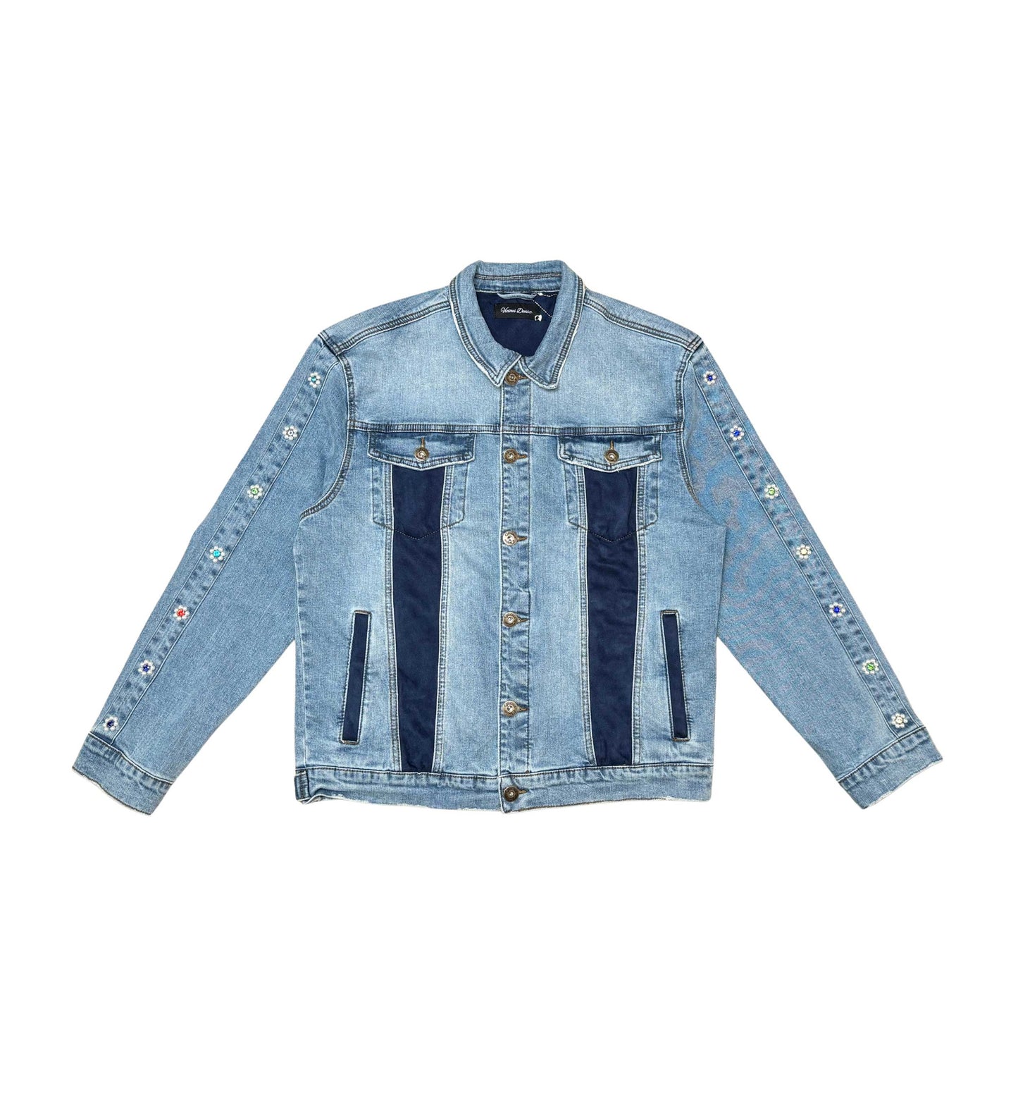 Denim Jacket w/ Suede Cut & Sew and Pearl + Gem Stone Details Light Blue by Vicious - 1
