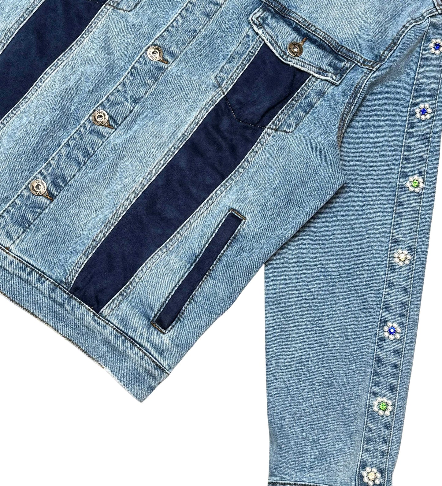 Denim Jacket w/ Suede Cut & Sew and Pearl + Gem Stone Details Light Blue by Vicious - 3