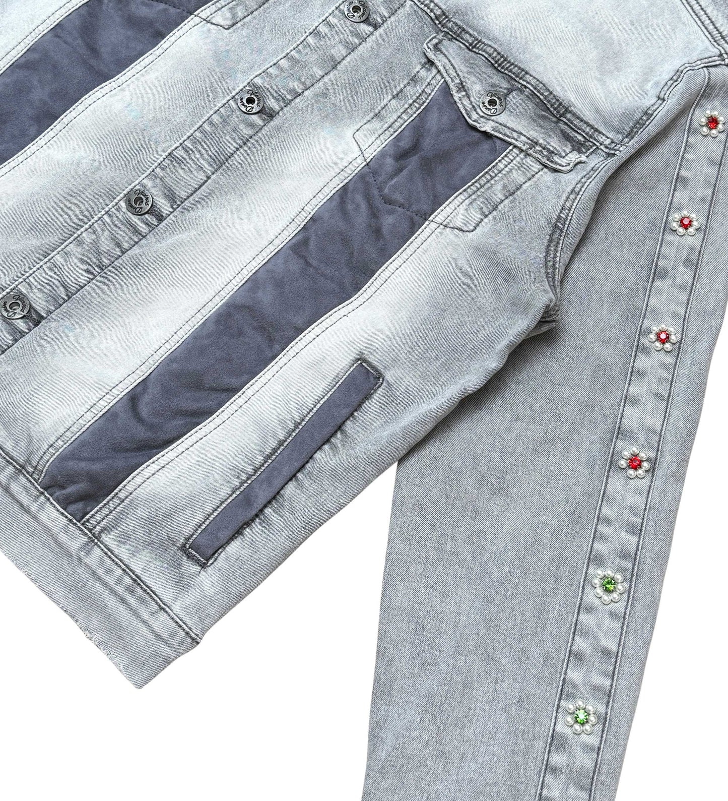 Denim Jacket w/ Suede Cut & Sew and Pearl + Gem Stone Details Light Grey by Vicious - 3
