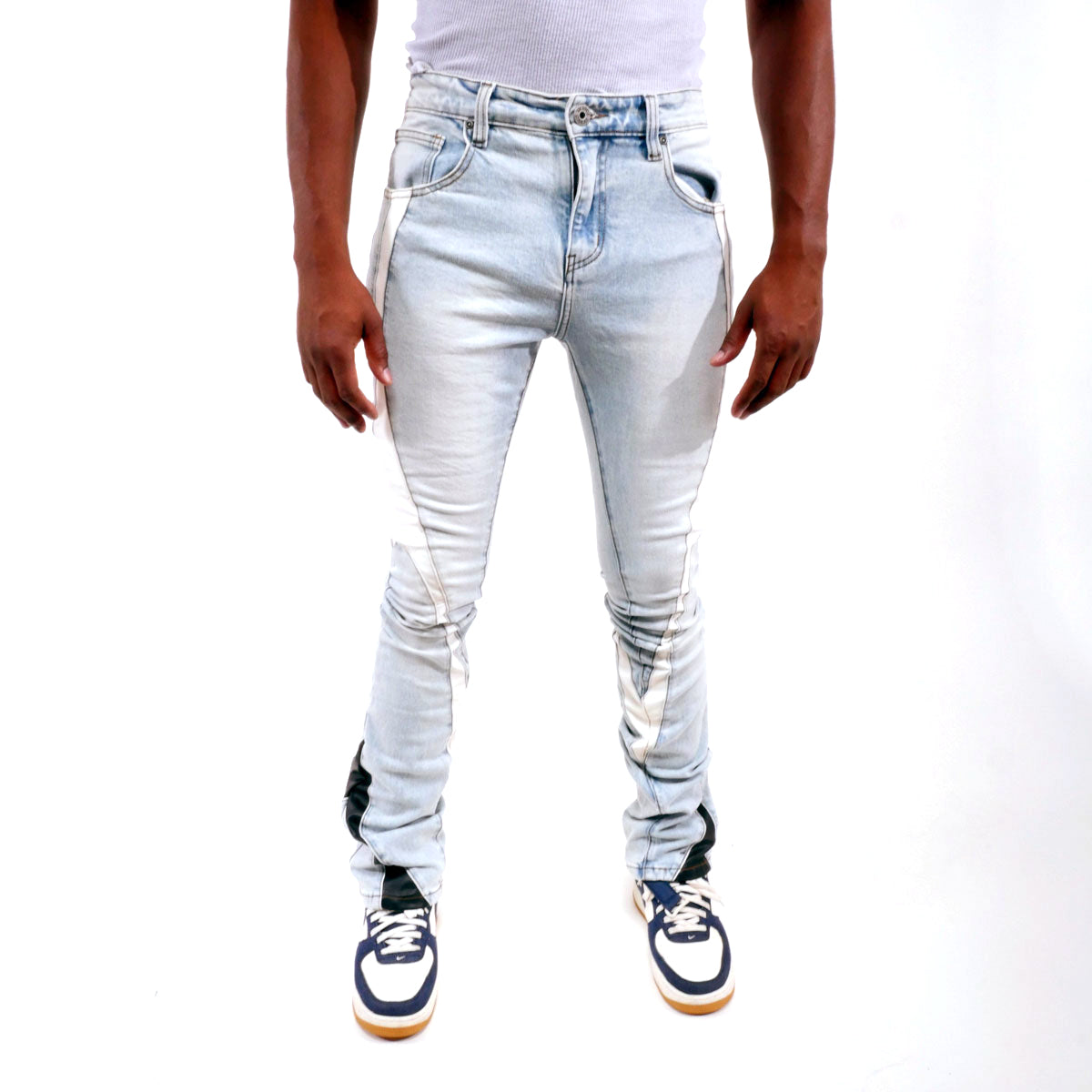 Stack denim w/ leather cut & sew details