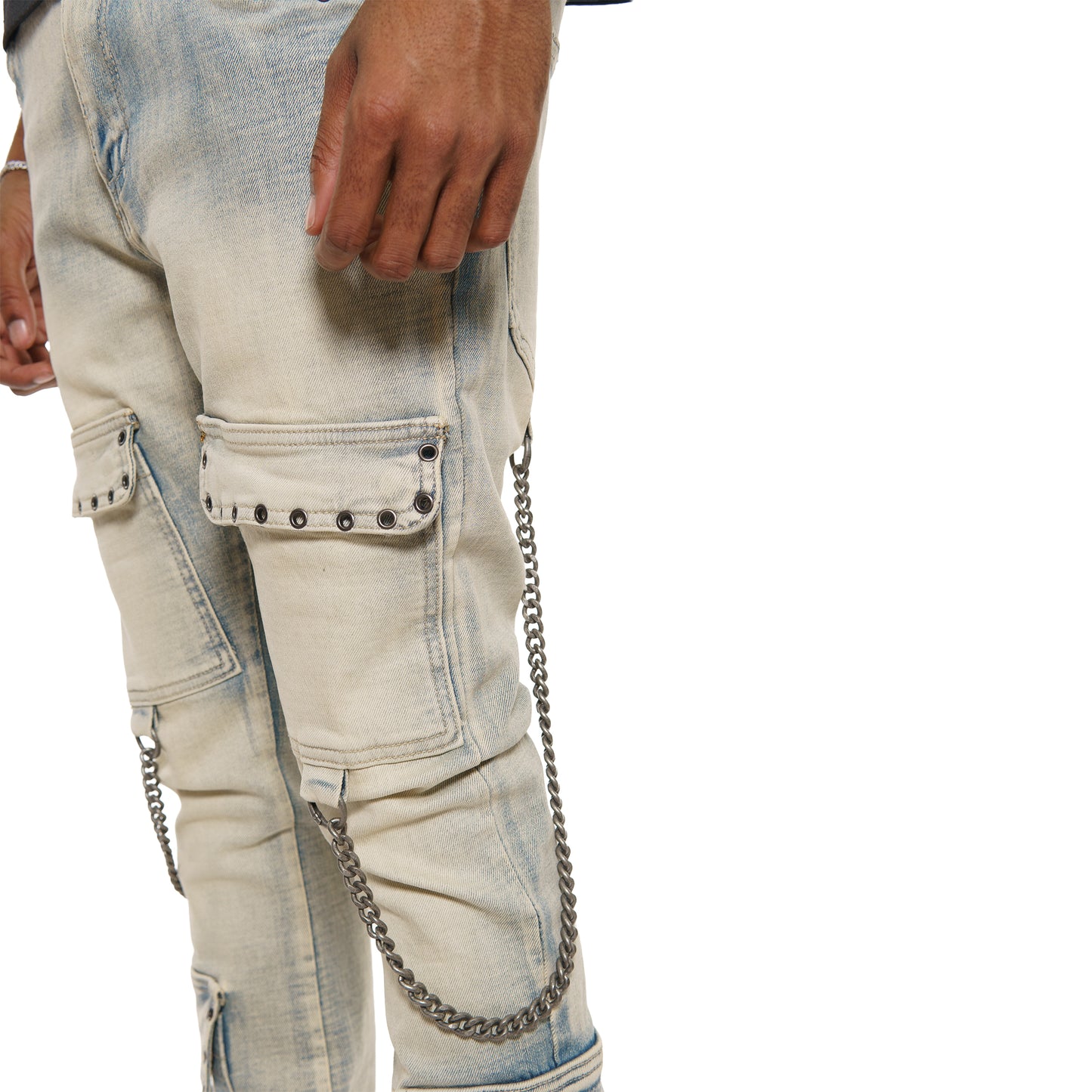 Flare fit denim pant w/ stone details + chains