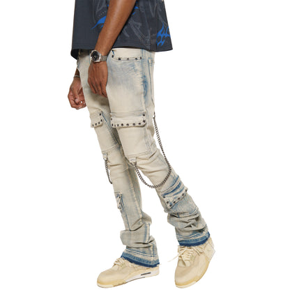 Flare fit denim pant w/ stone details + chains