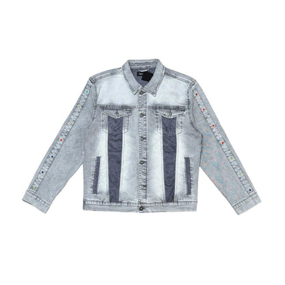 Denim jacket w/ suede cut & sew and pearl + gem stone details