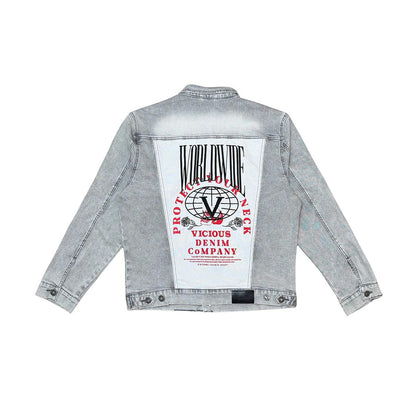 Denim jacket w/ suede cut & sew and pearl + gem stone details