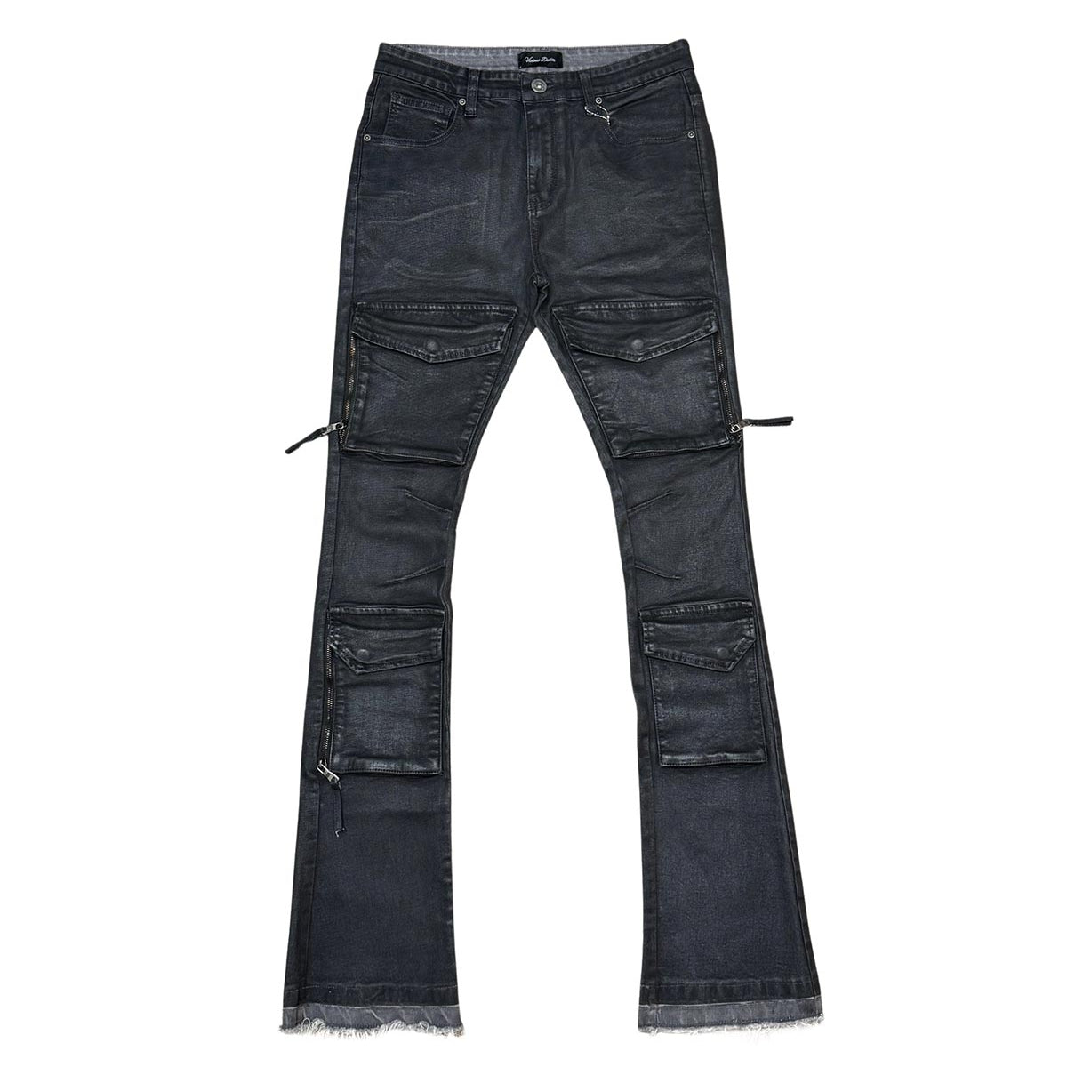 Wax coated flared denim pant