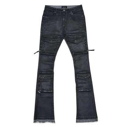 Wax coated flared denim pant
