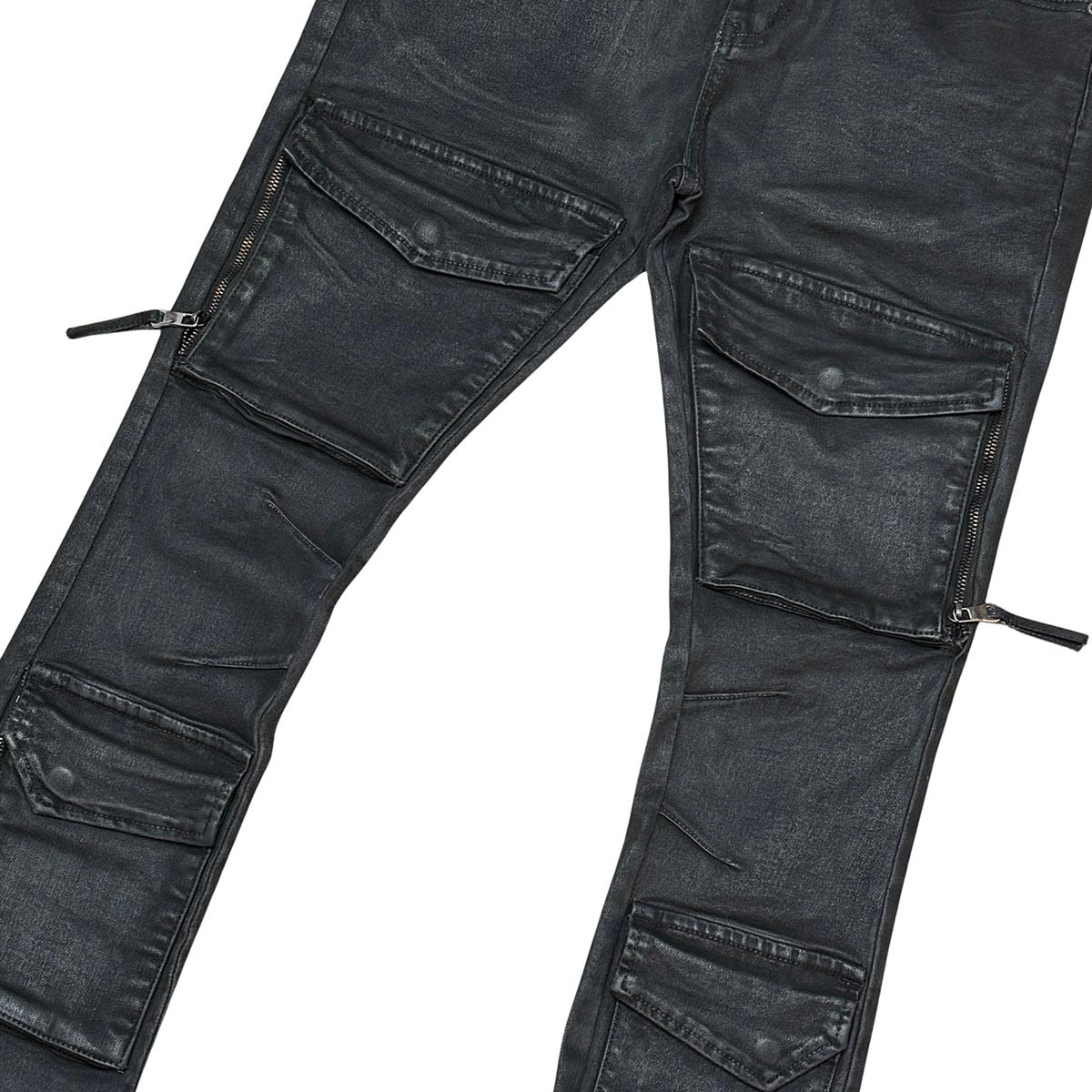 Wax coated flared denim pant