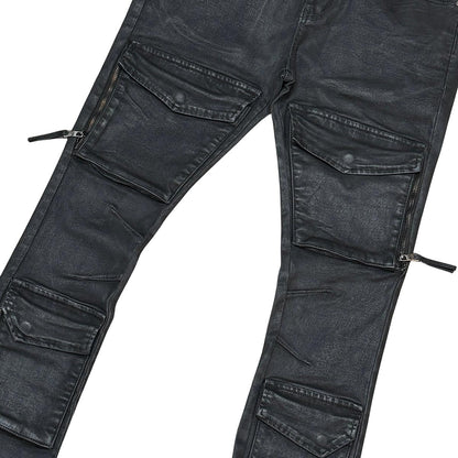 Wax coated flared denim pant