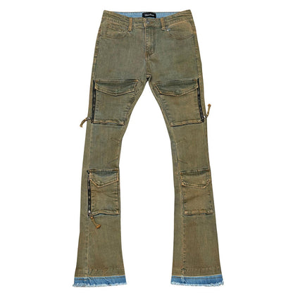 Wax coated flared denim pant