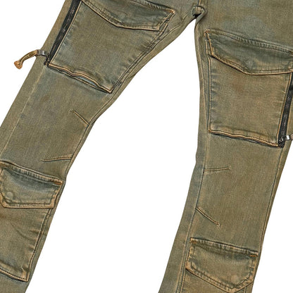 Wax coated flared denim pant