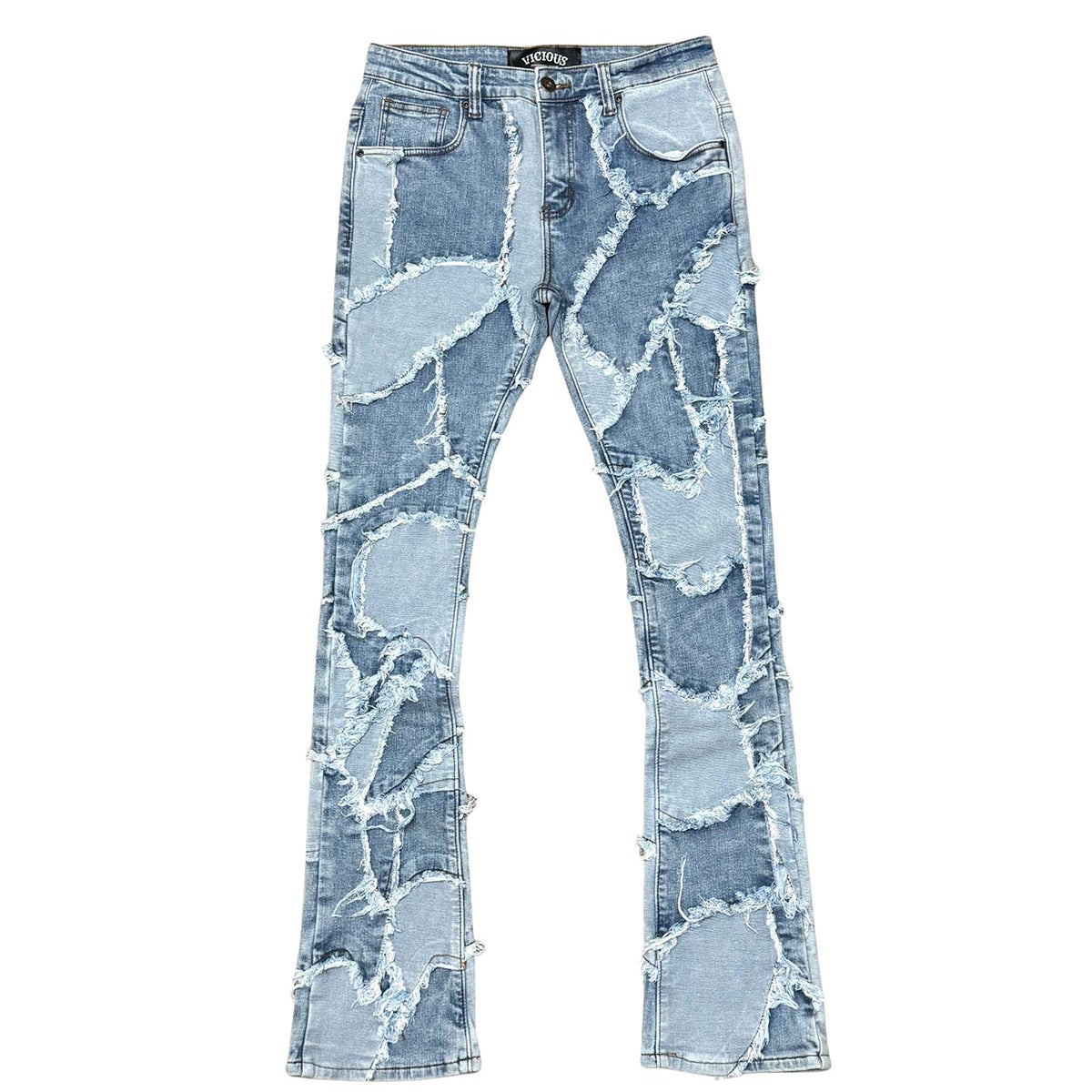 Patchwork distressed flared fit pant