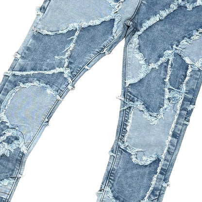 Patchwork distressed flared fit pant