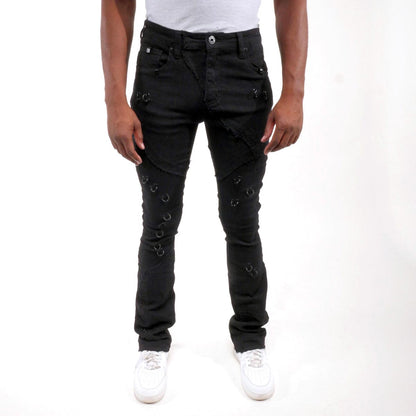 Rip & repair flare denim pant w/ metal ring details