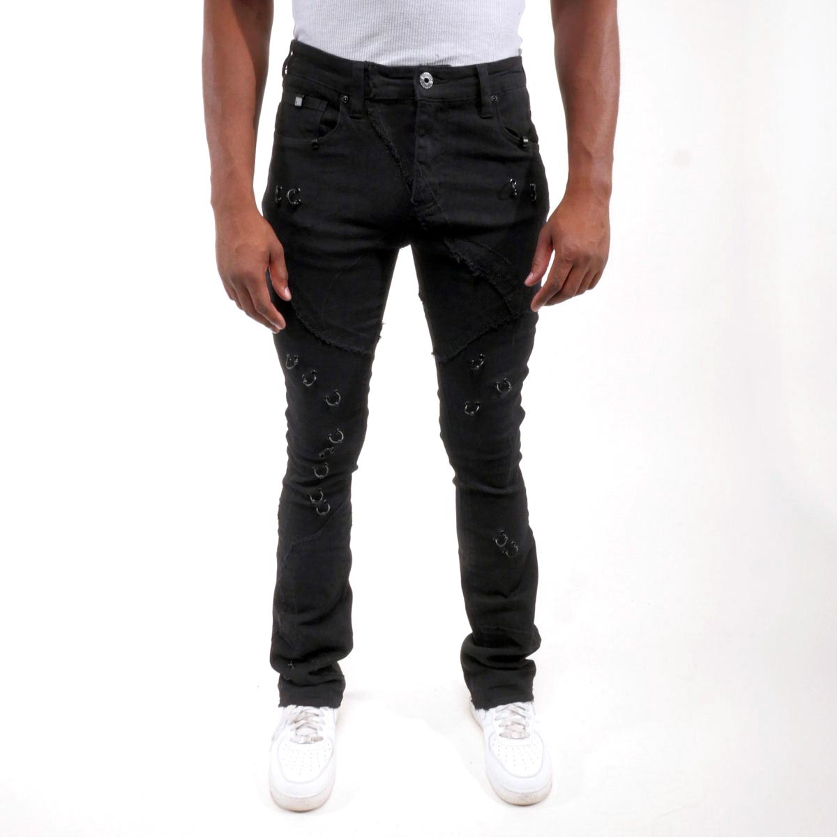 Rip & repair flare denim pant w/ metal ring details