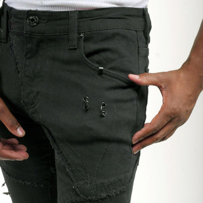 Rip & repair flare denim pant w/ metal ring details