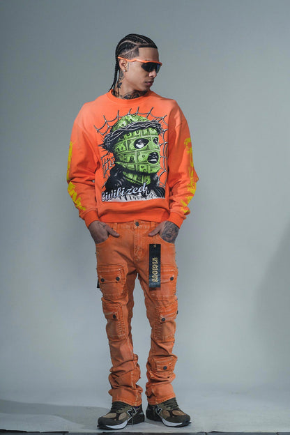 Studded warrior cargo flare fit denim pant