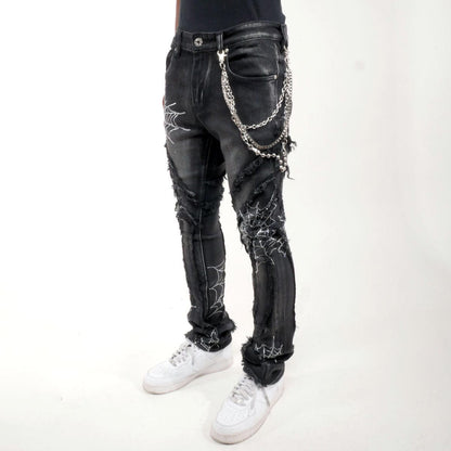 Stack denim pant w/ studded spider webs