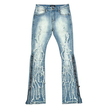 Ripped flared denim w/ side zippers