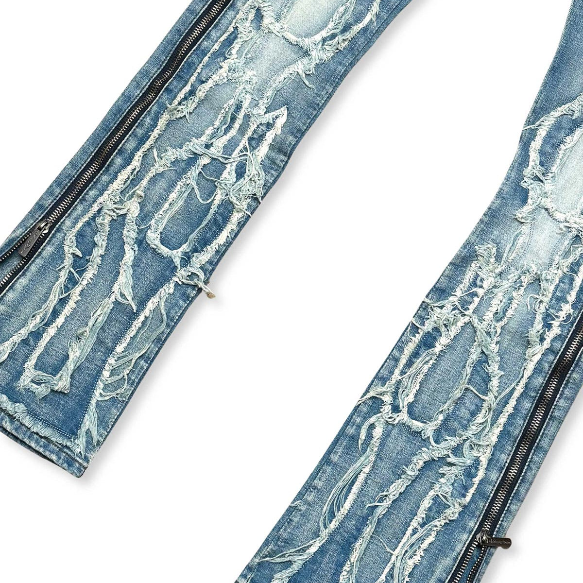 Ripped flared denim w/ side zippers