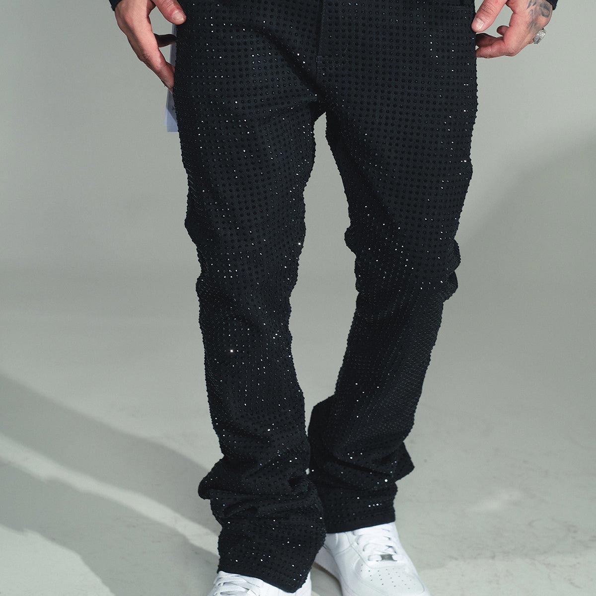 All over studded flare denim