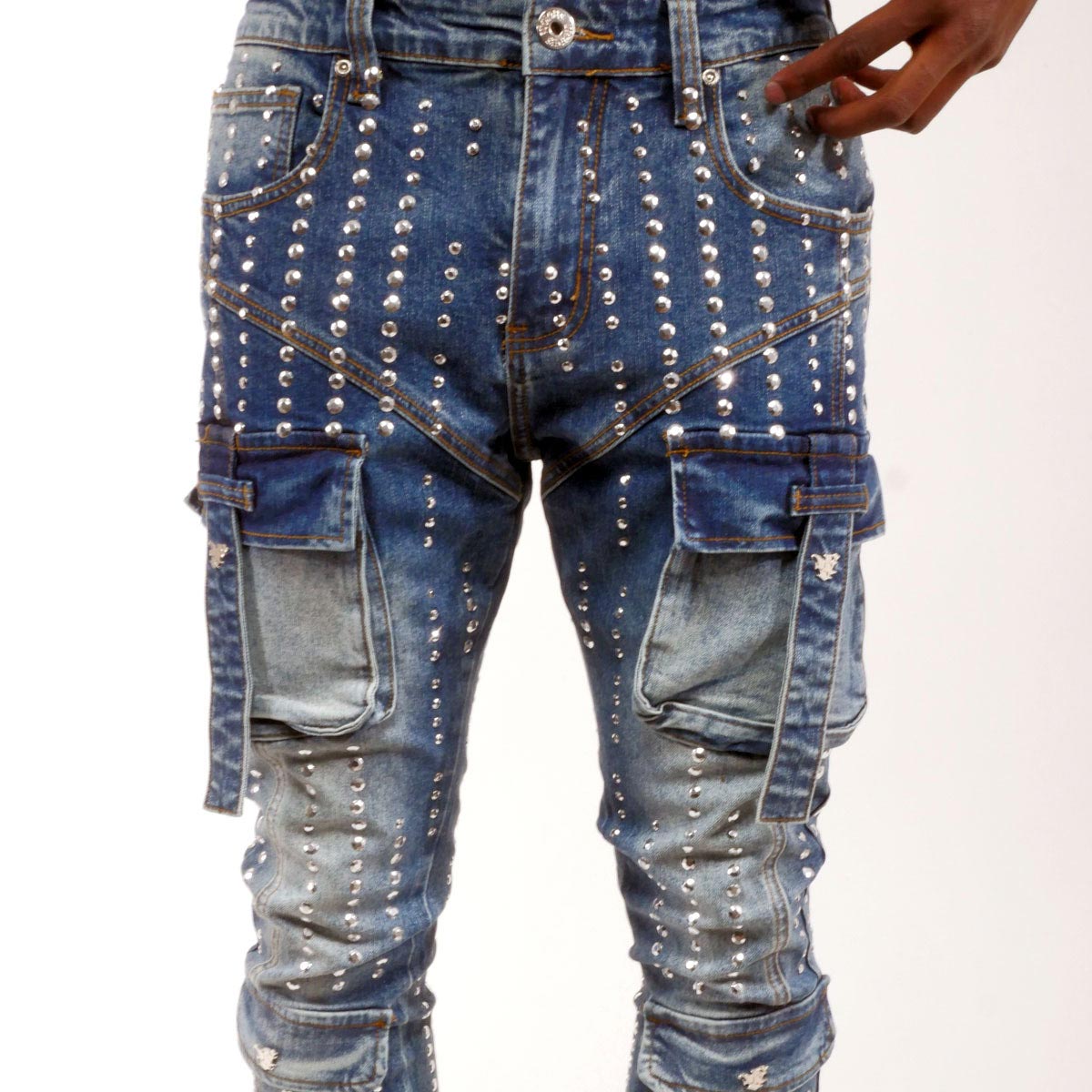 Silver studded muti cargo flare denim pant