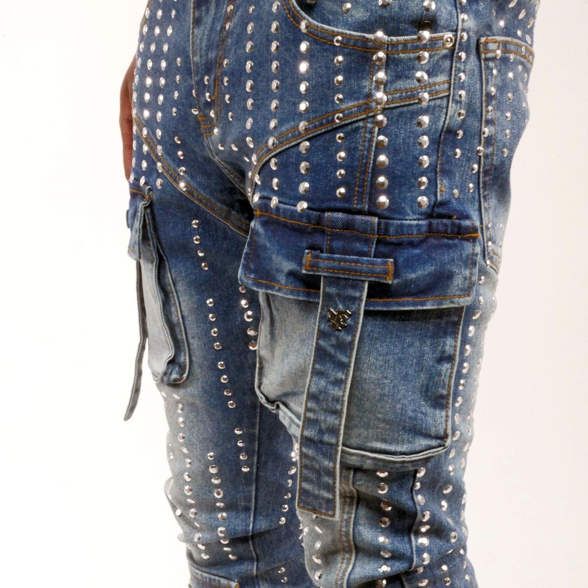 Silver studded muti cargo flare denim pant