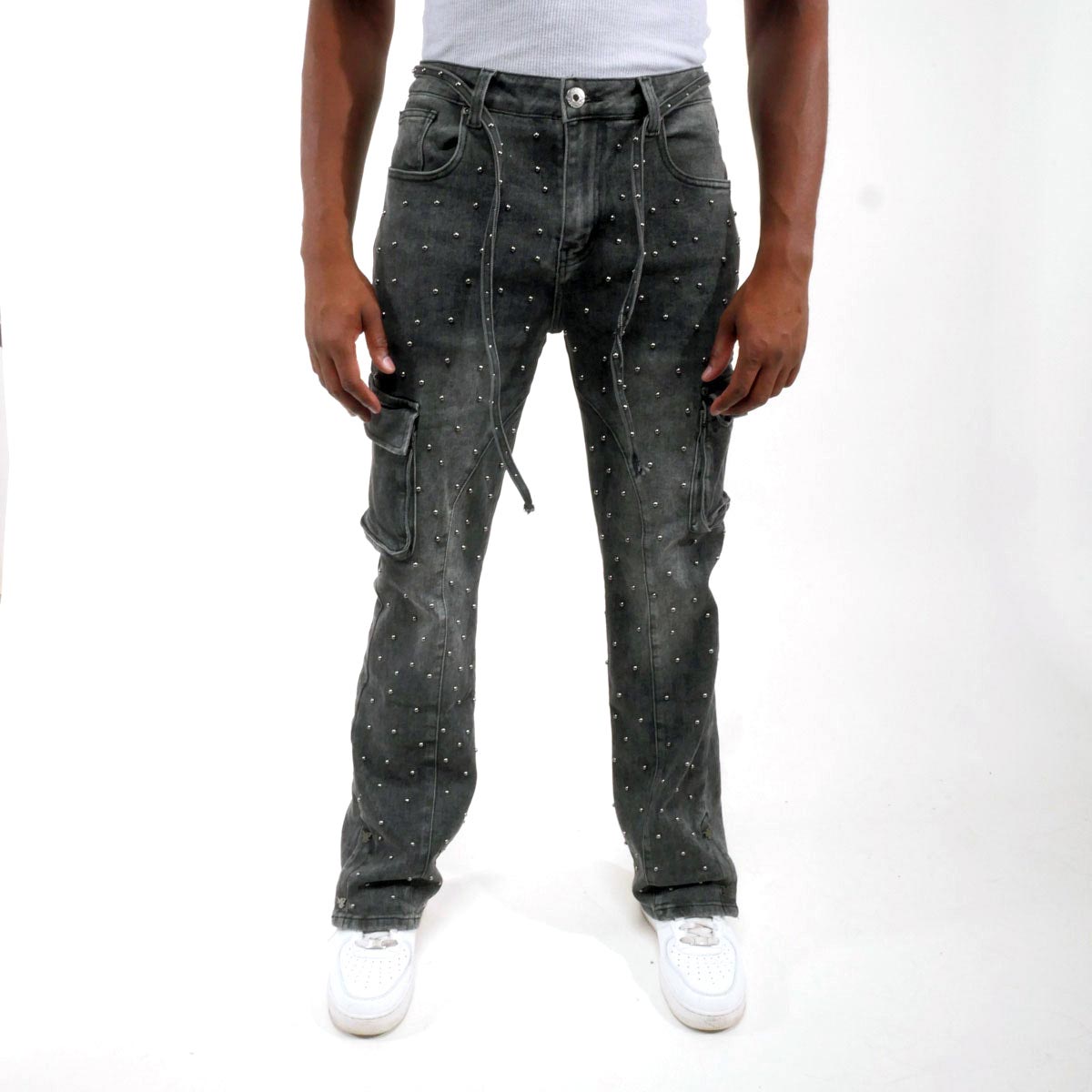 Pearl medium studded relaxed straight denim pant