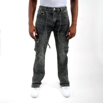 Pearl medium studded relaxed straight denim pant