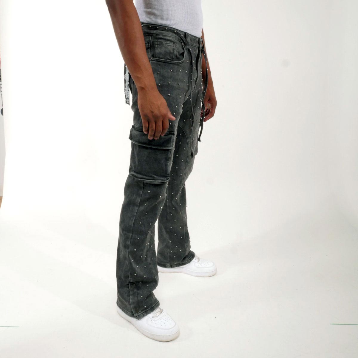 Pearl medium studded relaxed straight denim pant