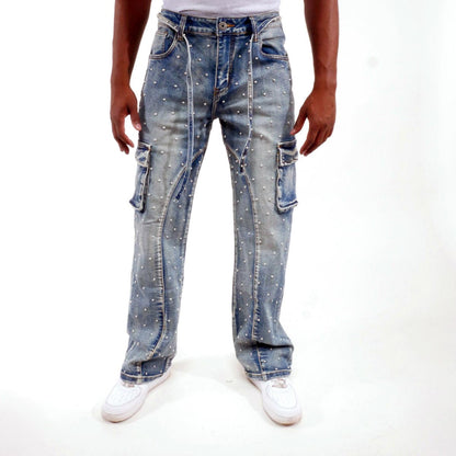 Pearl medium studded relaxed straight denim pant