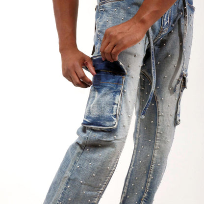 Pearl medium studded relaxed straight denim pant
