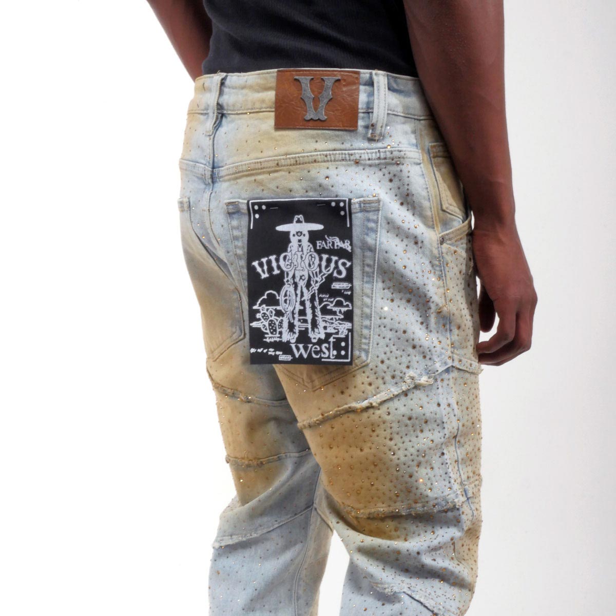 Embellished rhinestone denim pants