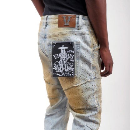 Embellished rhinestone denim pants