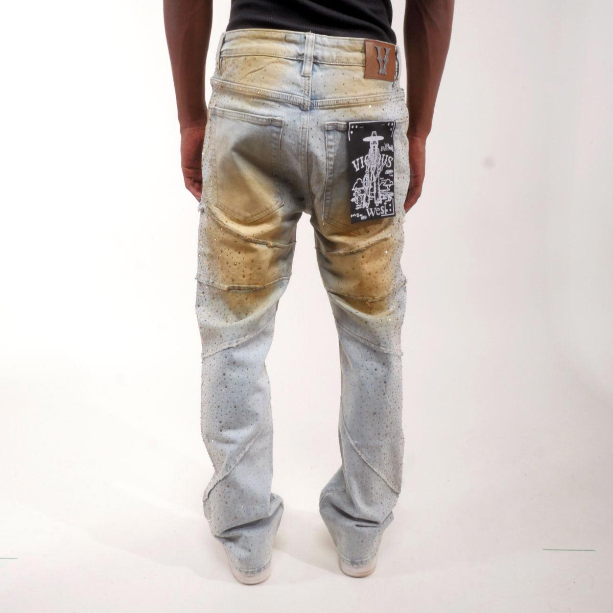 Embellished rhinestone denim pants