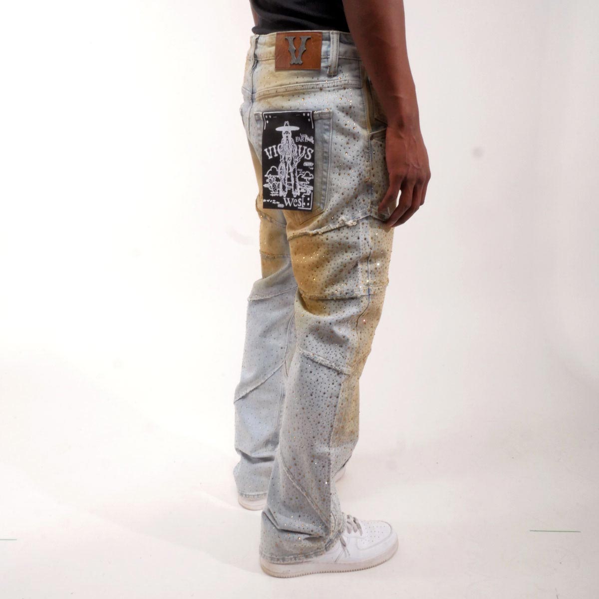 Embellished rhinestone denim pants