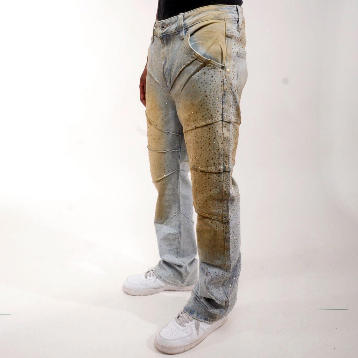 Embellished rhinestone denim pants