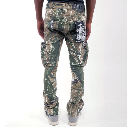 Brush camo cargo denim pant w/ side zipper details