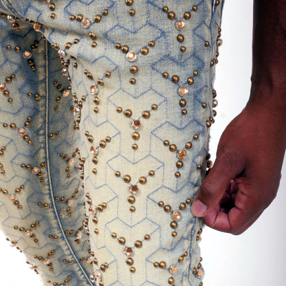 Embellished stone flare denim pants