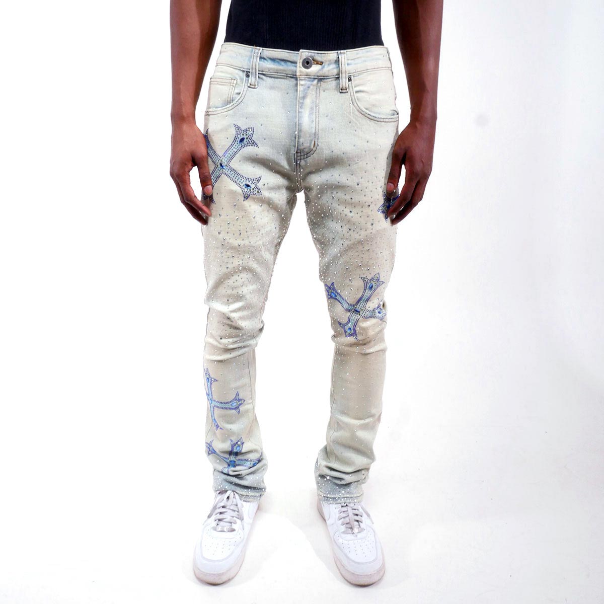 Embellished rhinestone flare denim pants