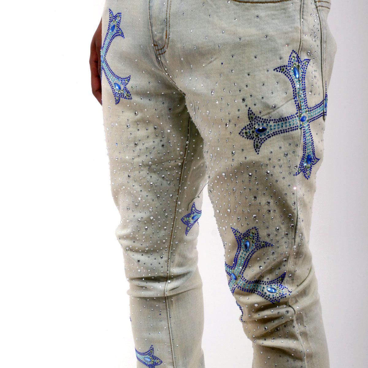 Embellished rhinestone flare denim pants