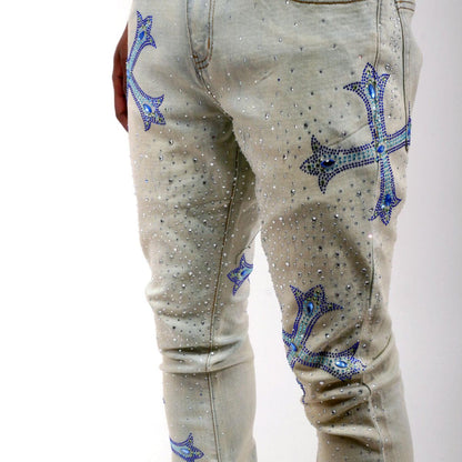 Embellished rhinestone flare denim pants