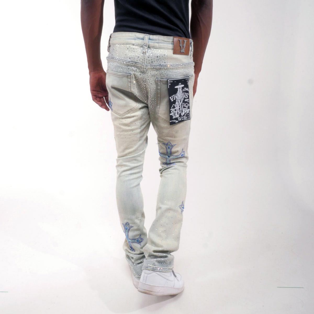 Embellished rhinestone flare denim pants