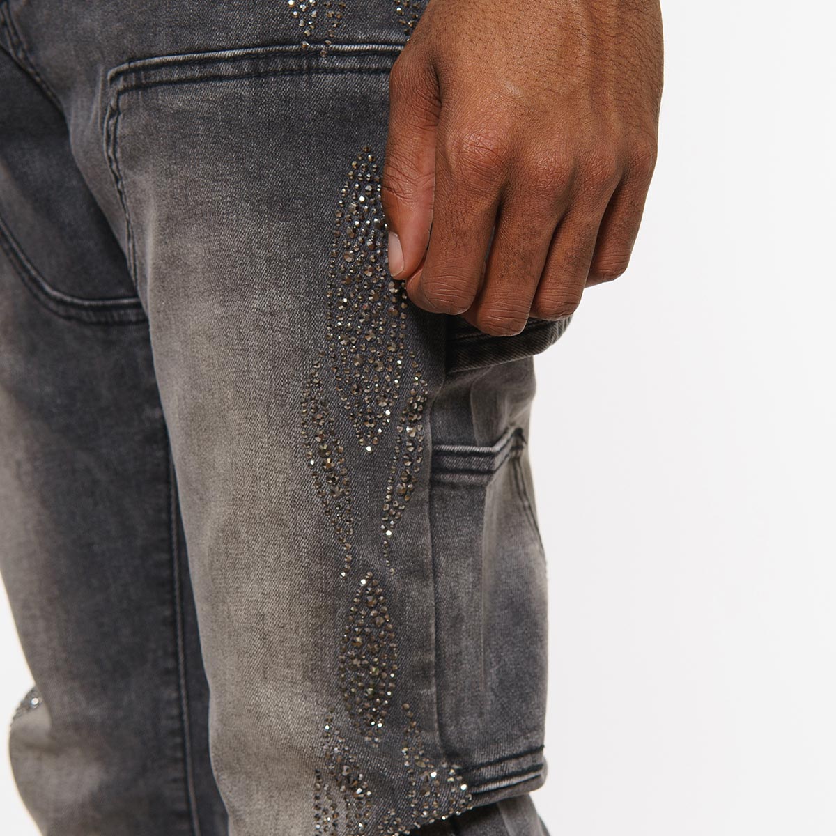 Carpenter flare denim pant w/ rhinestone details